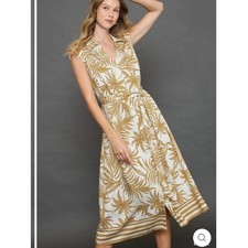 Umgee Tropical Print Button Down Midi Dress Cream Latte Size Small