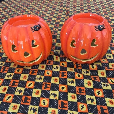 Hallmark Halloween Pumpkin Tart Burner Candle Holder Set of 2 Ceramic Spider