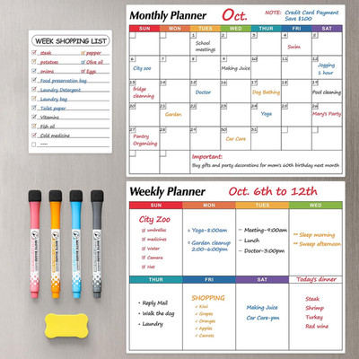 Dry Erase Magnetic Calendar for Refrigerator, 3 Pack- Monthly & Weekly & Daily P