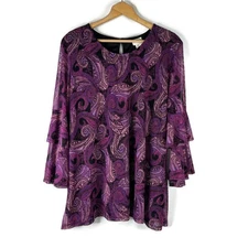 Collections ETC. Womens Tunic Top Size 2XL Purple Paisley Round Neck Bell Sleeve