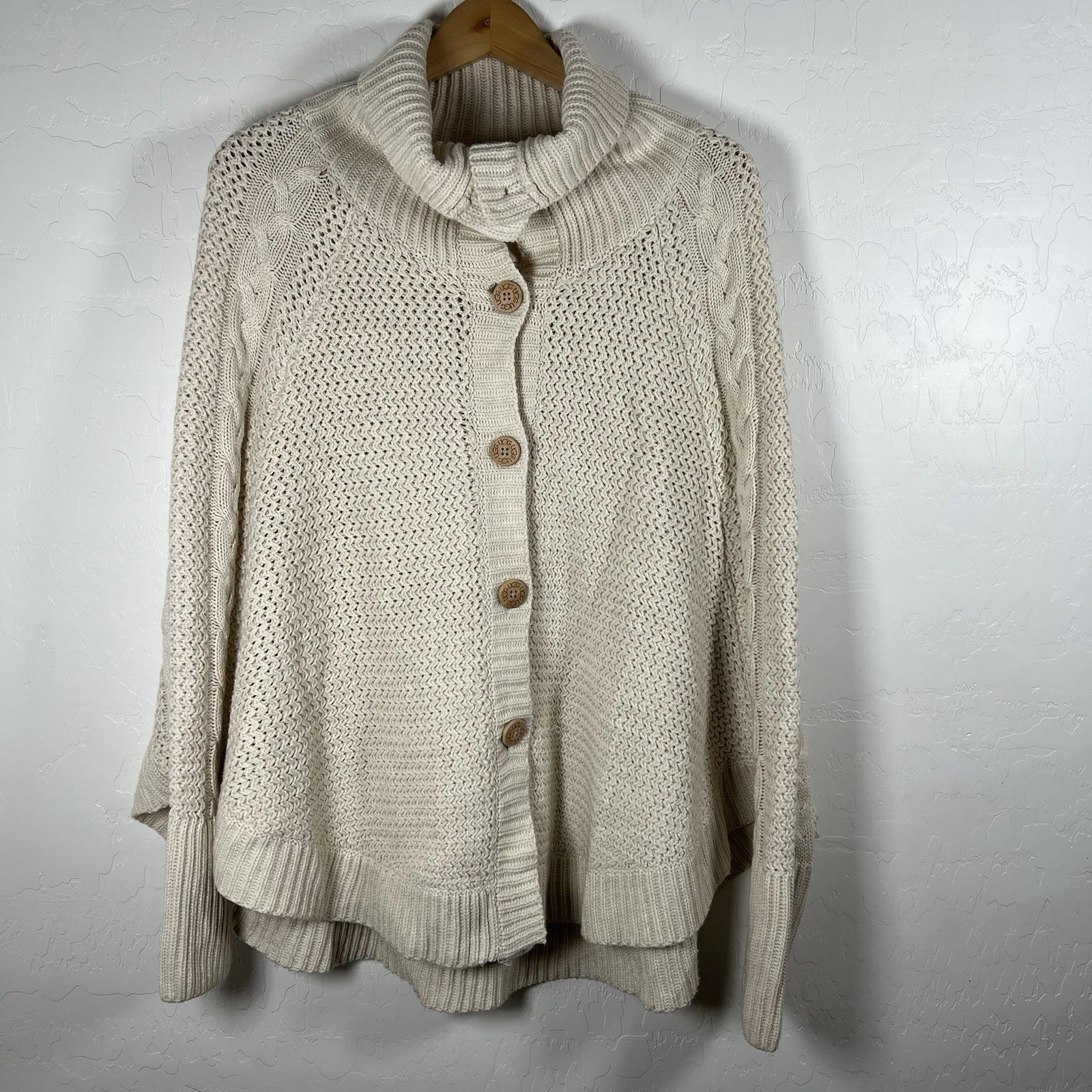 UGG Sweater Womens M L Maribeth Cape Cream Button Front Shawl Collar Knit Poncho
