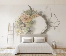 3D Simple Floral Wreath Self-adhesive Removeable Wallpaper Wall Mural