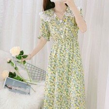 Ladies Chiffon Dress Floral Short Sleeve Elastic Waist Casual Party Banquet Chic