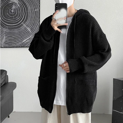 Men Chunky Knit Coat Sweater Hooded Top Cardigan Hoodie Outerwear Casual Student - Picture 6 of 18