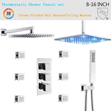 Shower Faucet Set LED Rain Head Combo Thermostatic Mixer Valve w/Massage Sprayer