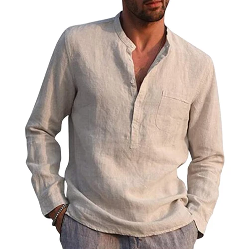 T-shirt uomo manica lunga cotone lino casual tinta unita bottoni scollo a V - Foto 11 di 25