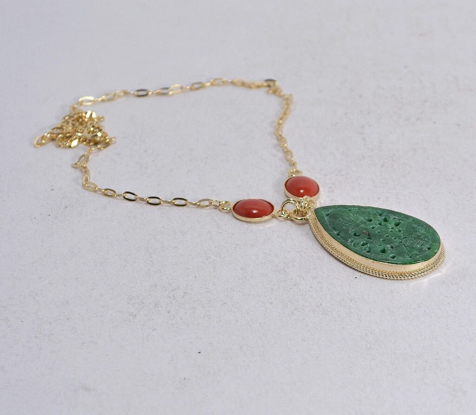 COLLLANA ARGENTO DORATA  GIADA  E CORALLO ROSSO CABOCHON  8x10 mm      AGLN 0257 - Immagine 2 di 3