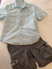 GAP KIDS Boys Blue Plaid Cargo Shorts 8 Slim And Paper Denim Cloth Button Shirt