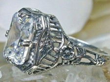 White CZ Ring, Art Deco Floral Filigree Sterling Silver Jewelry D148