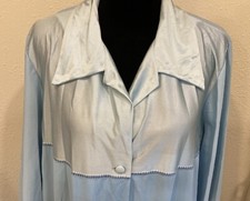 House Coat Dressing Gown Vintage 1970s Blue Covered Buttons Long Sleeve Emb Trim