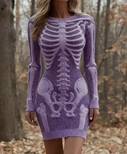 Purple Skeleton Fleece Sweatshirt Mini Dress Long Sleeve Small Comfy New Costume