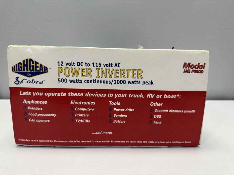 Cobra HG-PI-500 Highgear 500W Continuous DC to AC Power Inverter 1000W Peak NOS - Image 2 of 4