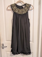 Alice + Olivia Black 100% Silk Beaded Dress XS Embellished Gold Sequin Mini UK 6
