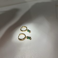 Gold-Tone Huggie Hoop Earrings, Metal, Green Baguette Stone, Hinged