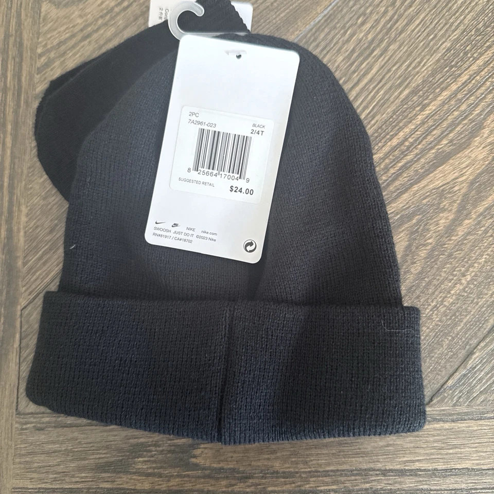 NOVO Nike Beanie Nike Bebê Infantil Gorro e Luvas Conjunto de 2 Peças 2T - 4T Preto - Imagem 2 de 2