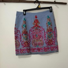 Entro Embroidered Mini Skirt in Blue with Pink and Orange Accents size M