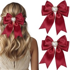2Pcs Red Satin Bow Hair Clips with Heart 1 Count (Pack of 2), Burgundy