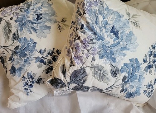 New 2 Laura Ashley Chloe Cotton Cottage Blue Floral Embroidered Pillows 15x15