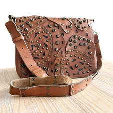 Patricia Nash Rosa Brown Leather Studded Saddle Messenger Crossbody Bag