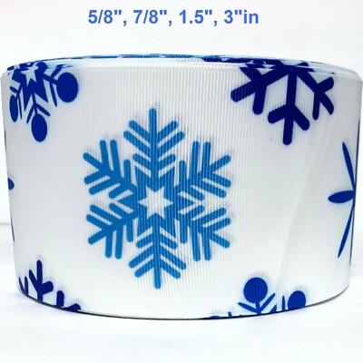 GROSGRAIN RIBBON 5/8'',7/8'',1.5'', 3'' Snowflakes  Blue White Christmas Gifts Bulk