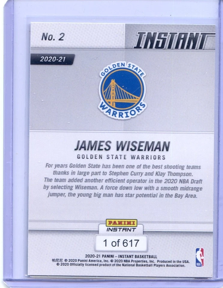 2020-21 Panini Instant NBA #/617 RC  NO. 2 James Wiseman  Golden State Warriors - Image 2 of 3