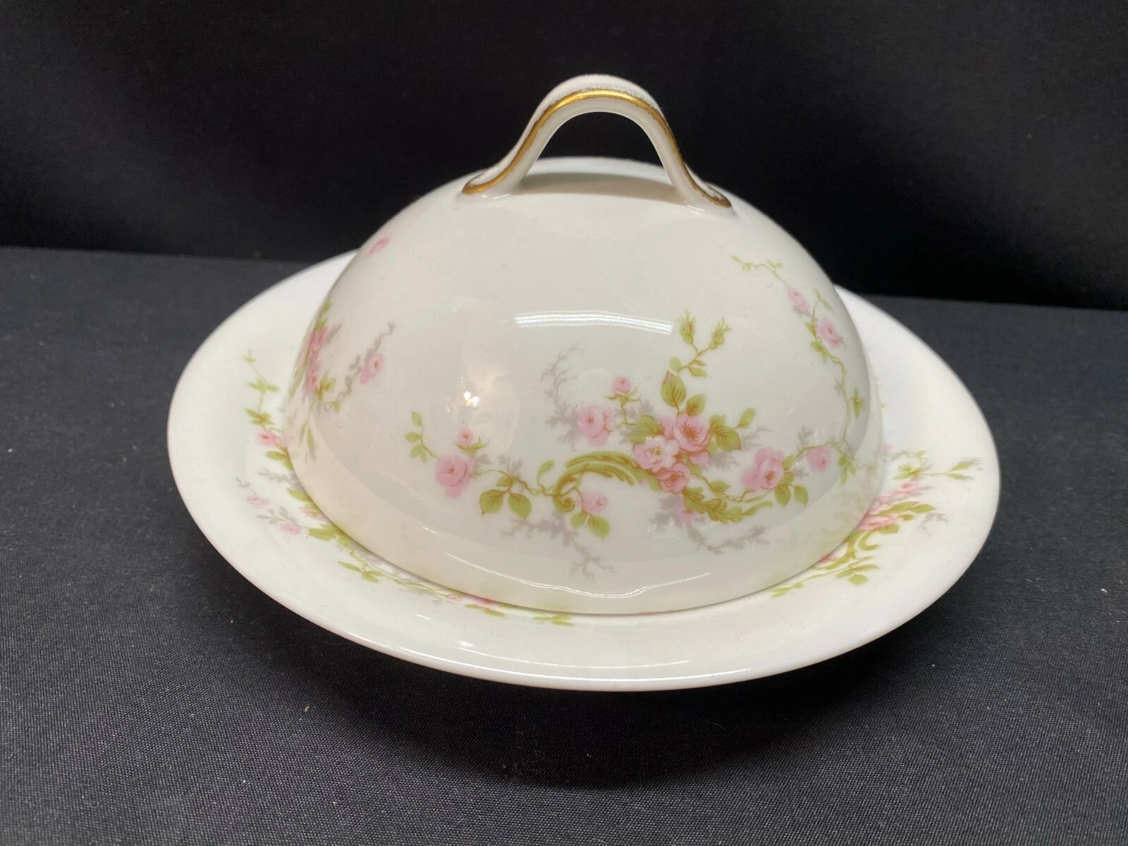 Theodore Haviland "PINK ROSE / GREEN" France ~ Round Butter Dish w/Lid
