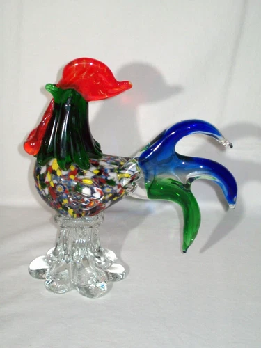 Vintage Murano Art Glass Rooster ~ Multicolored ~ Hand Blown ~ Awesome Display !