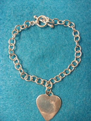 AWESOME LADY'S STERLING SILVER ROLO STYLE BRACELET WITH RING/TOGGLE +HEART CHARM