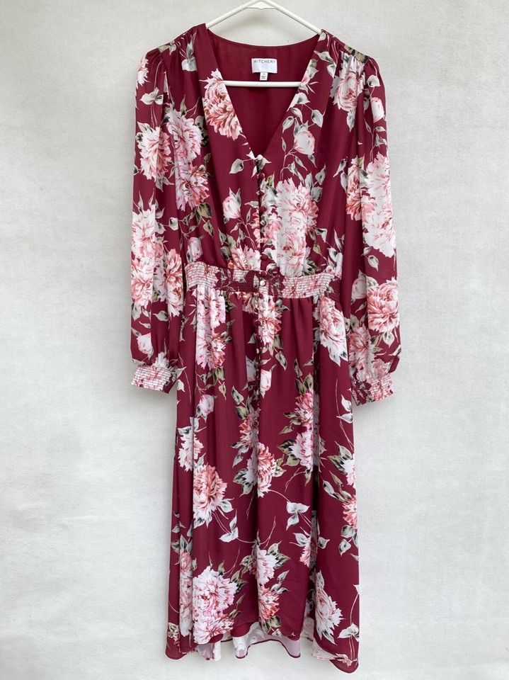 🔹Womens Witchery Long Puff Sleeve Floral Print Midi Blouson Shirt Dress Size 12