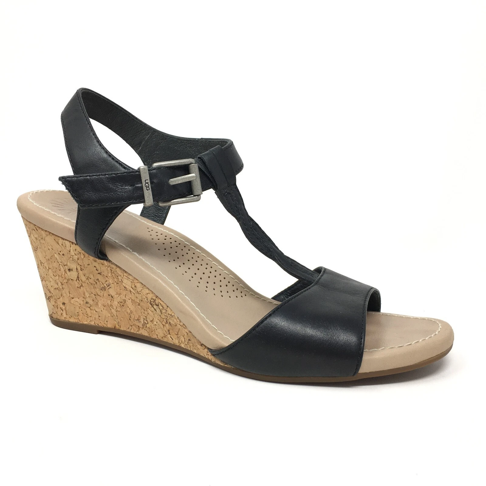 UGG Arika Sandali Scarpe Donna Taglia 8 Nero Pelle Cinturino Zeppa Regolabile