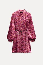 Zara Womens Shirt Mini Dress S Pink Floral Belted Long Sleeve satin 029/174 NWOT