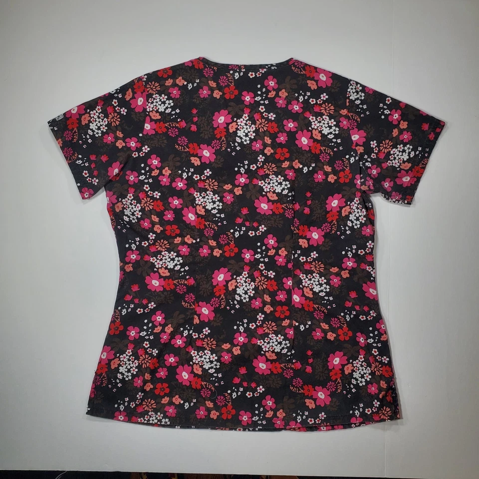 UA Scrubs Red, Pink, Orange, and Brown Flowers Small Black Scrub Top - Image 2 of 4