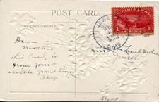 1913 For Your Birthday Flower Basket Postcard w/1 Cent Parcel Post Postage Stamp