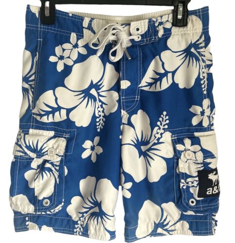 Abercrombie & Fitch Mens Lined Swim Trunks Hawaiian Floral Print Blue White Sz L - Picture 1 of 7