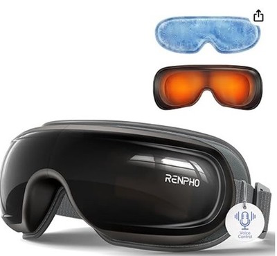 Eye massager with heat, cooling, vibration, and sounds