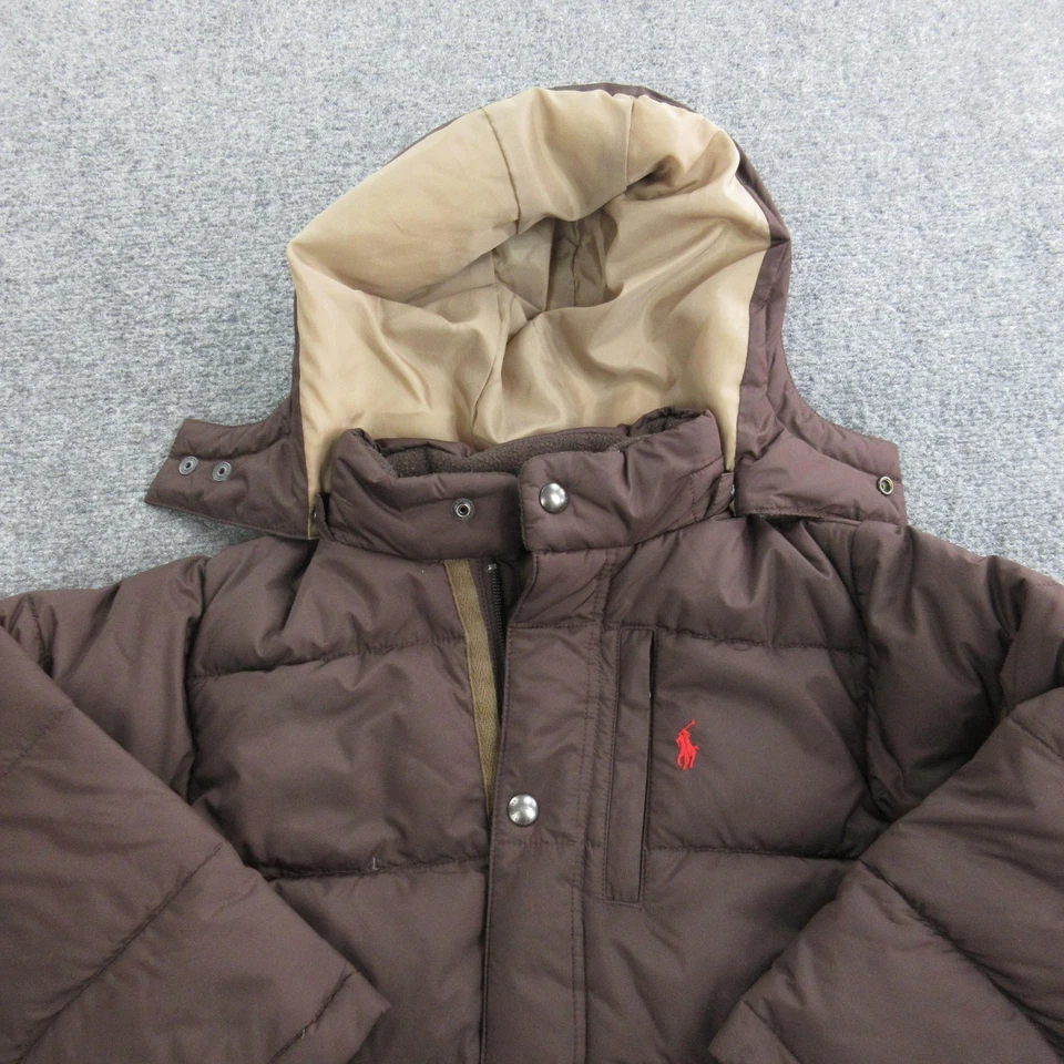Polo Ralph Lauren Jacket Boys 5 Brown Tan Hooded Down Puffer Coat Winter Warm - Image 2 of 4