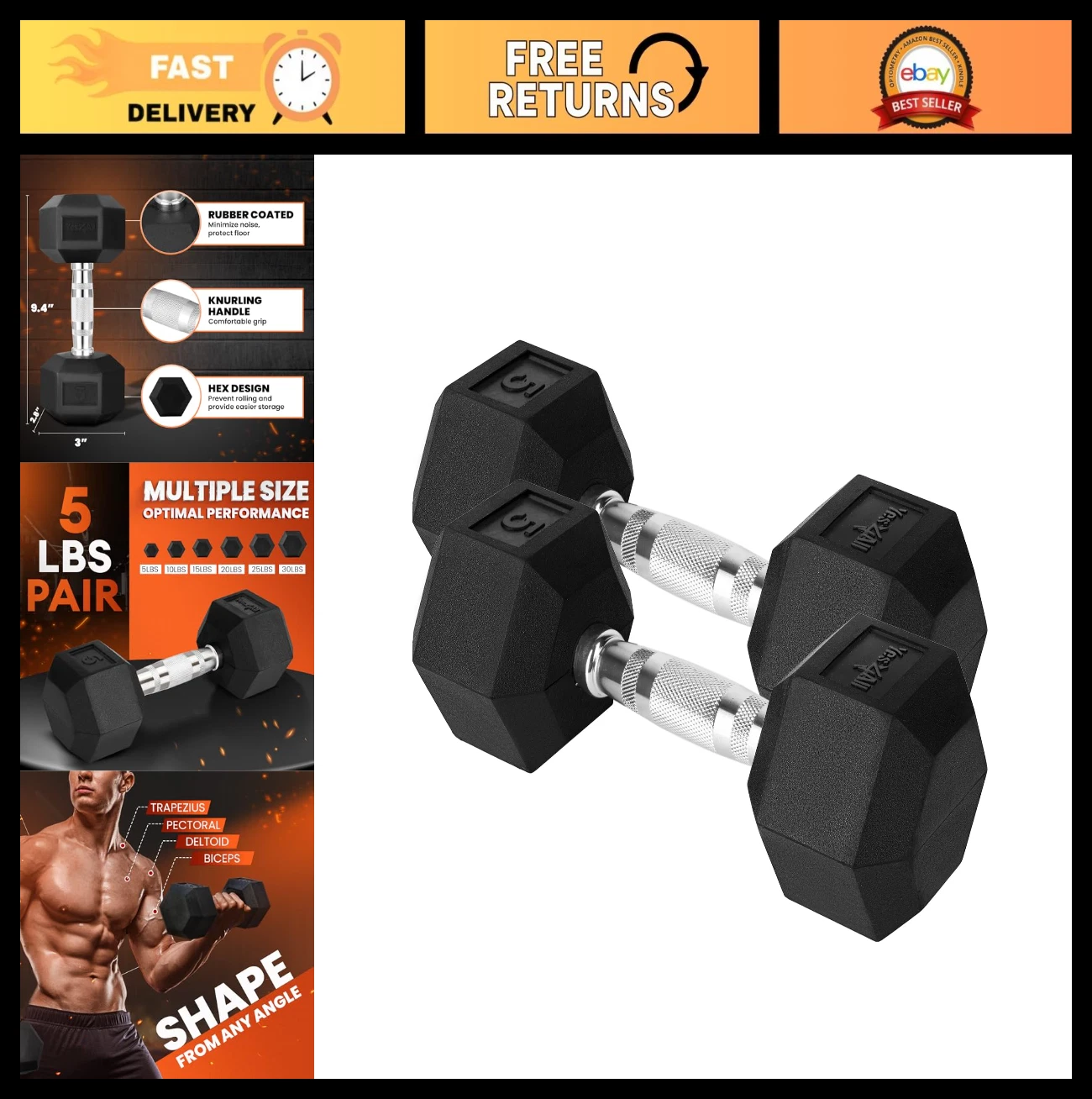 Chrome Rubber Grip Hex Dumbbells - Anti-Slip Hand Weights 10-30 LBS Pair