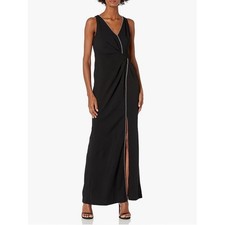 Adrianna Papell Black Long Gown Formal Dress Silver Beads Faux Wrap 18 NWT Glam