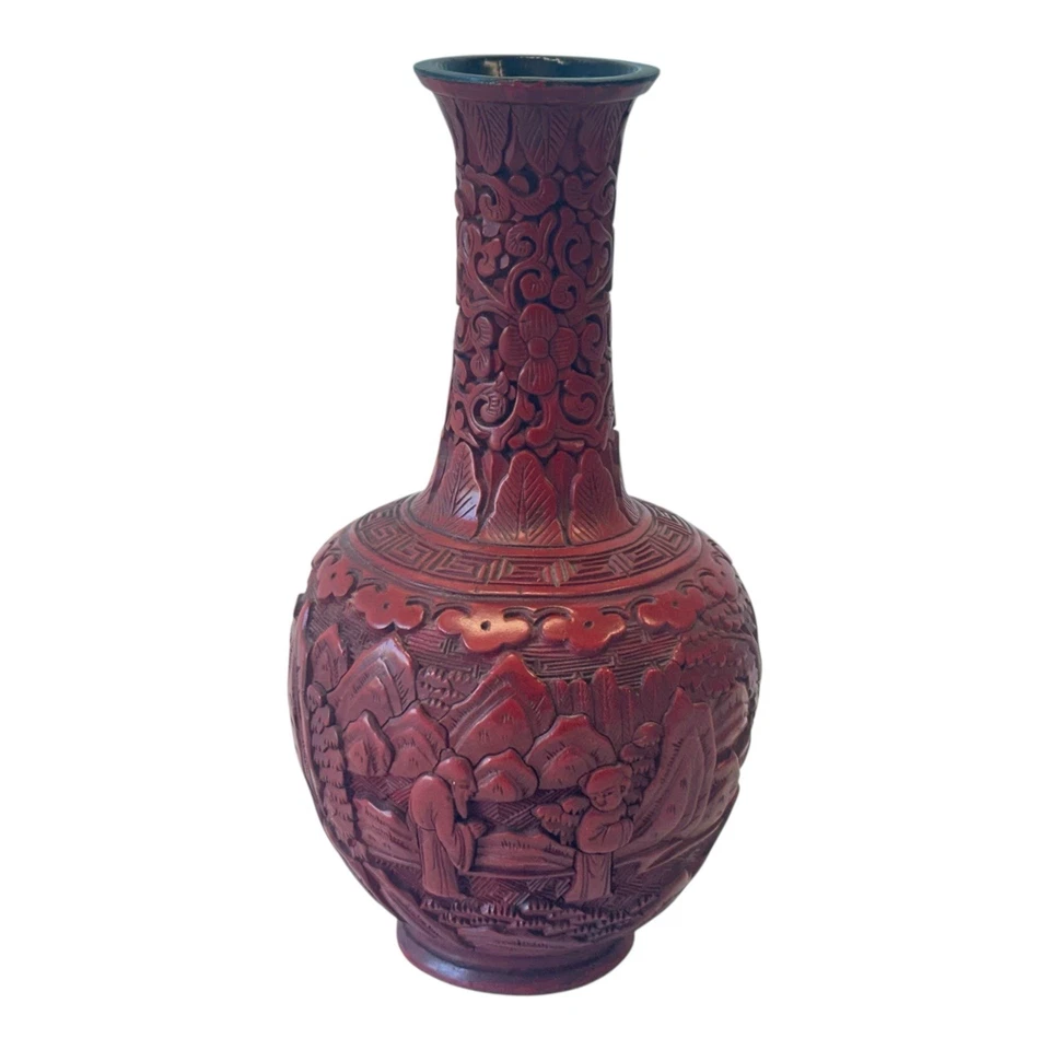 Par de jarrones antiguos de laca de cinabrio chino de la dinastía Qing Foto 2 de 4