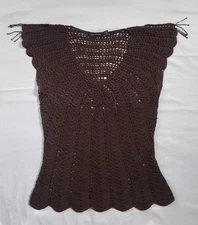 The Limited y2k 00's Brown Crochet Top Flutter split Sleeves With Beading Small