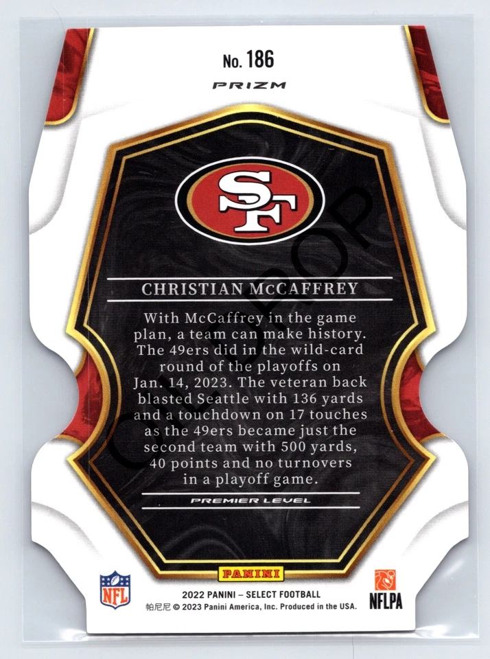 Christian McCaffrey 2022 Panini Select Black Red Die-Cut Premier #186 San - Image 2 of 2