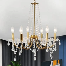 LWYTJO 6-Light Gold Traditional Candle Crystal Raindrop Chandelier Fixture