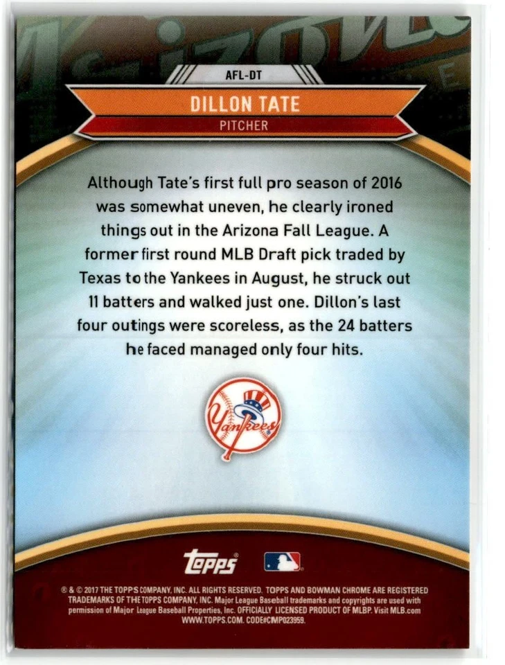 Dillon Tate 2017 Bowman Chrome 2016 Arizona Fall League Fall Stars #AFL-DT - Image 2 of 2