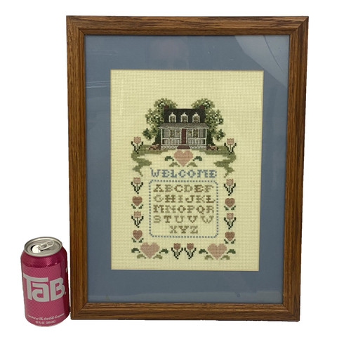 Vintage 1991 Finished Needlework Sampler WELCOME Named Framed 13.5" x 17.5"