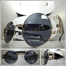 Men CLASSIC RETRO HIP HOP Style SUN GLASSES Round Silver Black Frame Dark Lens
