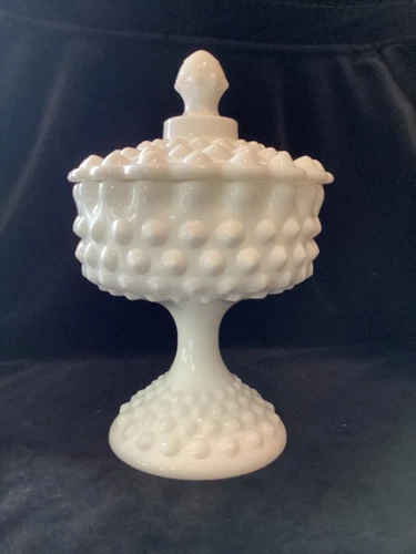 Vintage Fenton Glass Co. #3887 - Footed Covered Compote - white hobnail
