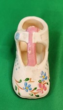 Ceramic Baby Shoe Mary Jane Style Pink Blue Flowers Ivory