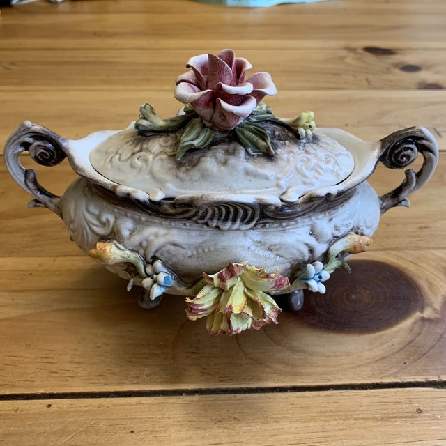 Capodimonte Footed Compote, Candy Bowl With Lid W/ Roses, ITALY eBay