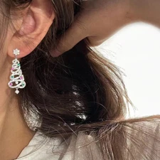 Women's 925 Silver Crystal Christmas Tree Earrings Drop Dangle Jewelry Xmas 2025