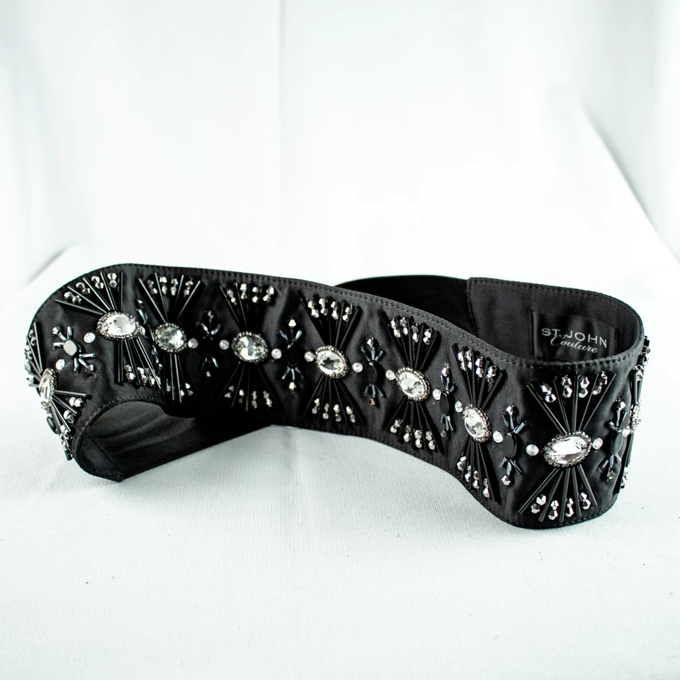 Cinturón corsé ST. JOHN negro plata adorno piedras mujeres cuentas a mano talla L Foto 3 de 4
